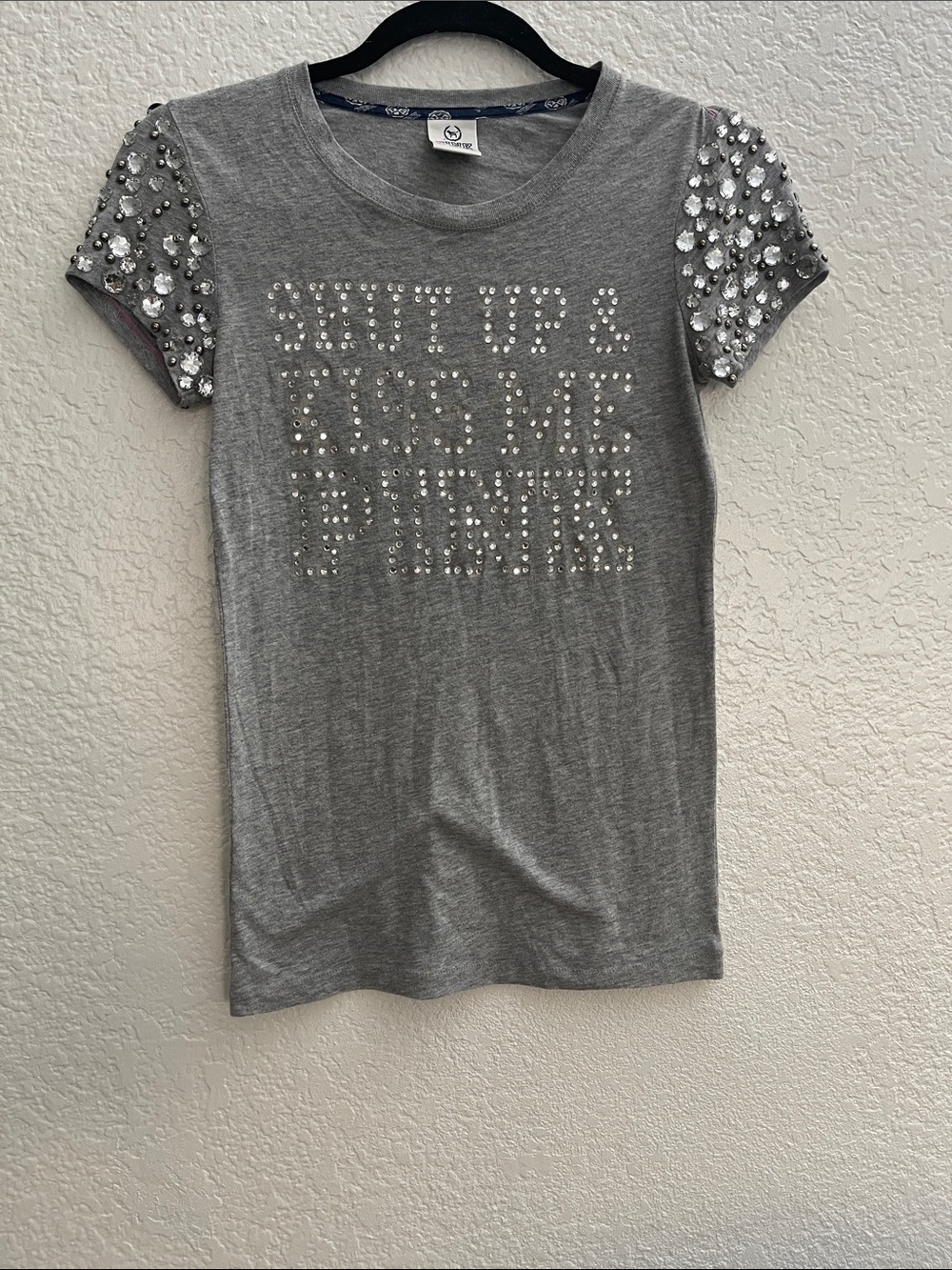 PINK Victoria's Secret Gray Tee with Crystal-Embellished Sleeves